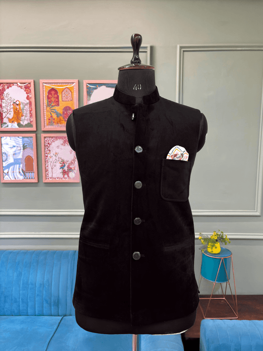 Men's Royal Black Velvet Nehru Jacket - Jaipuri Crown