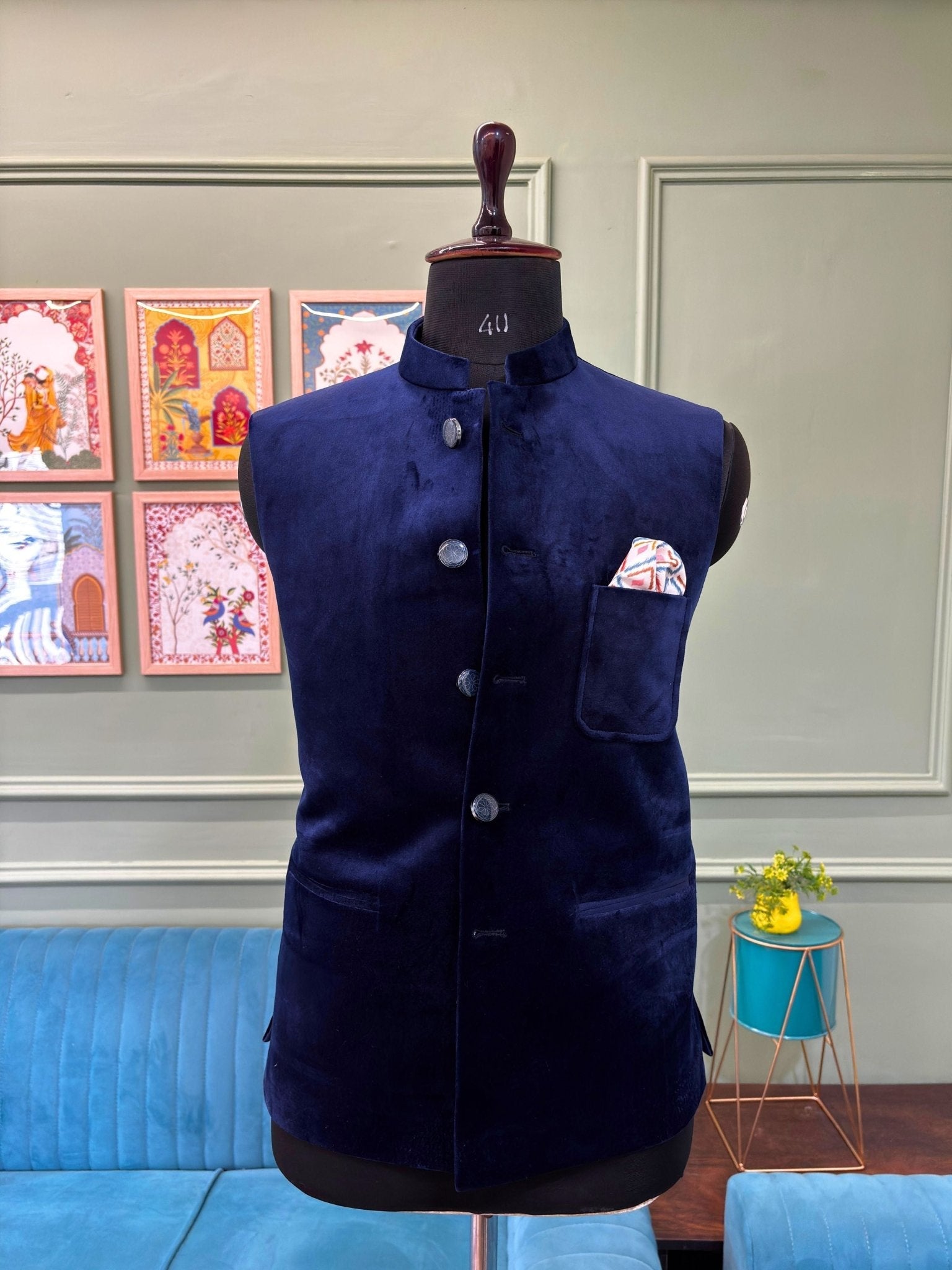 Men's Royal Blue Velvet Nehru Jacket - Jaipuri Crown