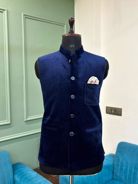 Men's Royal Blue Velvet Nehru Jacket - Jaipuri Crown