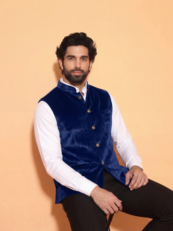 Men's Royal Blue Velvet Nehru Jacket - Jaipuri Crown