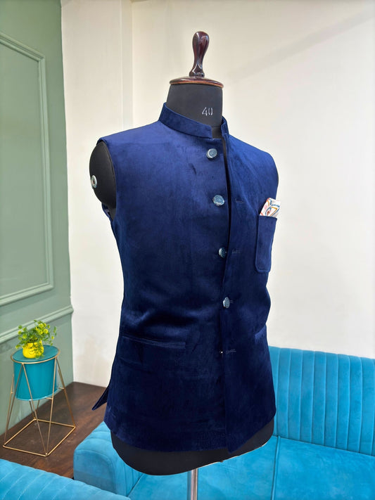 Men's Royal Blue Velvet Nehru Jacket - Jaipuri Crown
