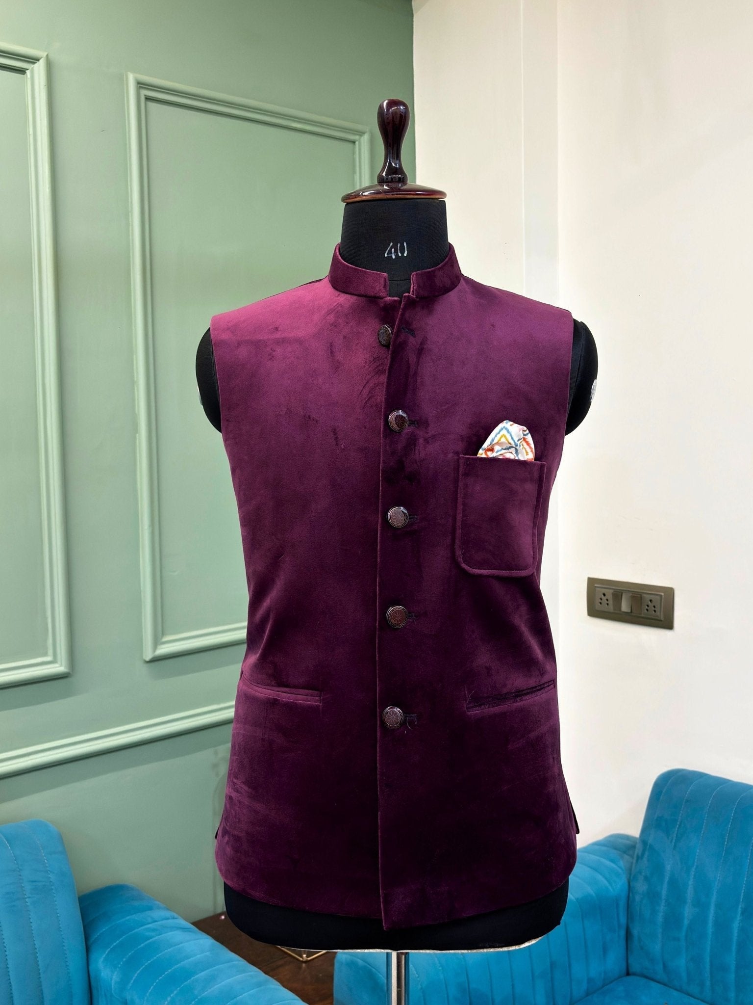 Men's Wine Velvet Nehru Jacket - Jaipuri Crown