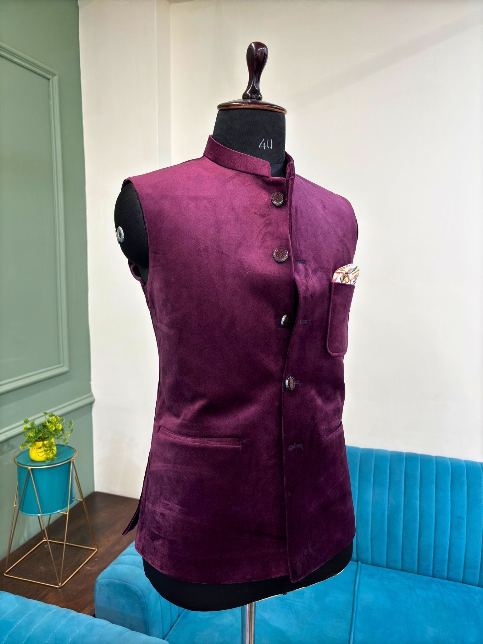 Men's Wine Velvet Nehru Jacket - Jaipuri Crown