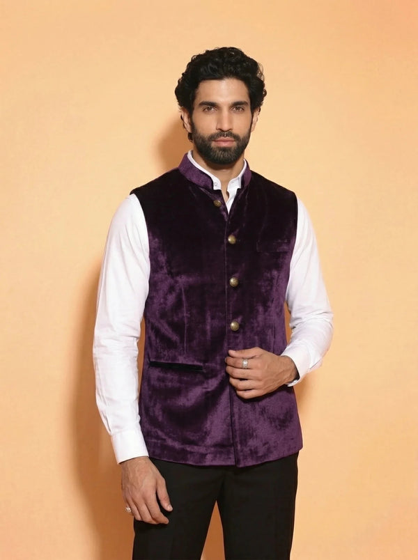 Men's Wine Velvet Nehru Jacket - Jaipuri Crown