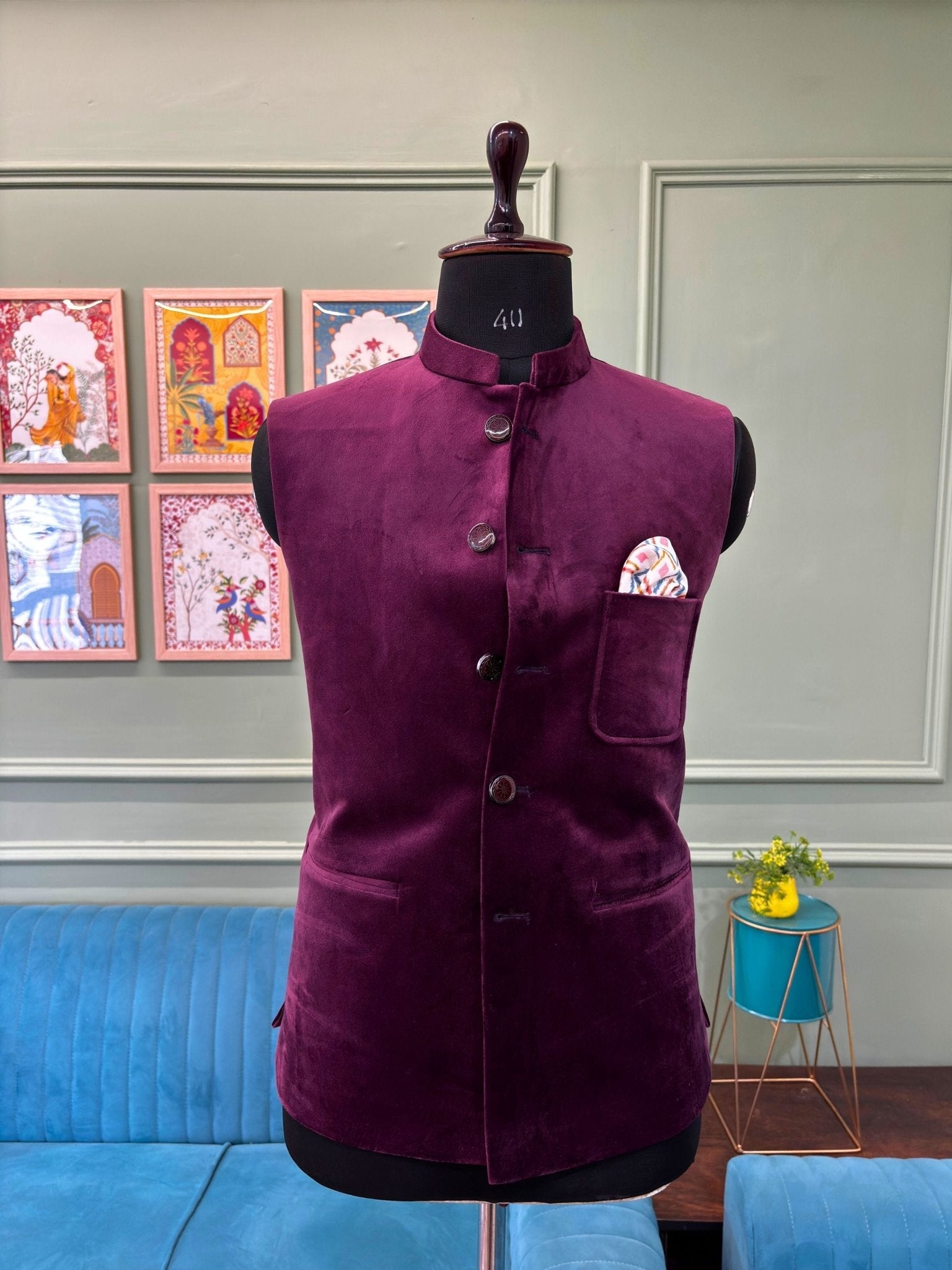 Men's Wine Velvet Nehru Jacket - Jaipuri Crown