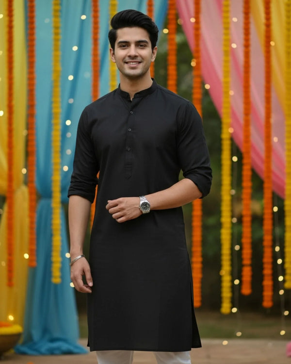 Midnight Classic – Solid Black Full Sleeve Kurta - Jaipuri Crown
