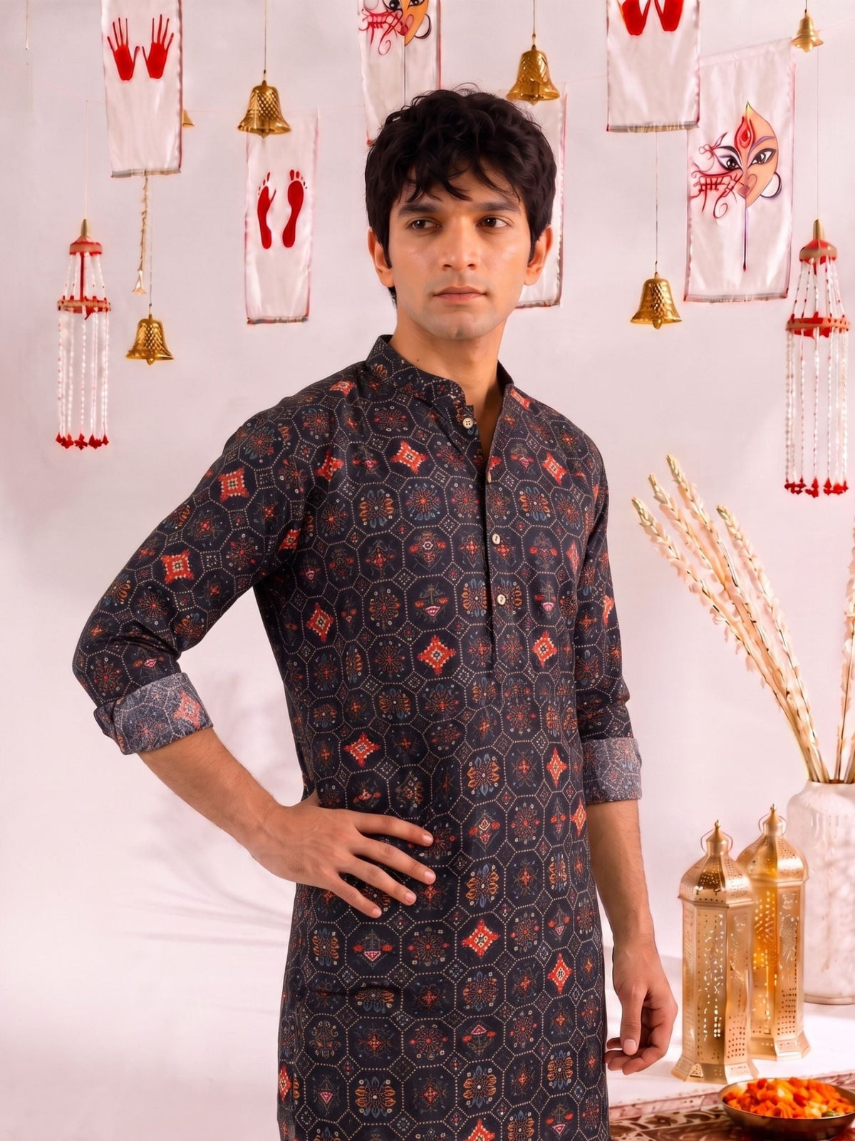 Midnight Octagon – Heritage Print Long Kurta - Jaipuri Crown