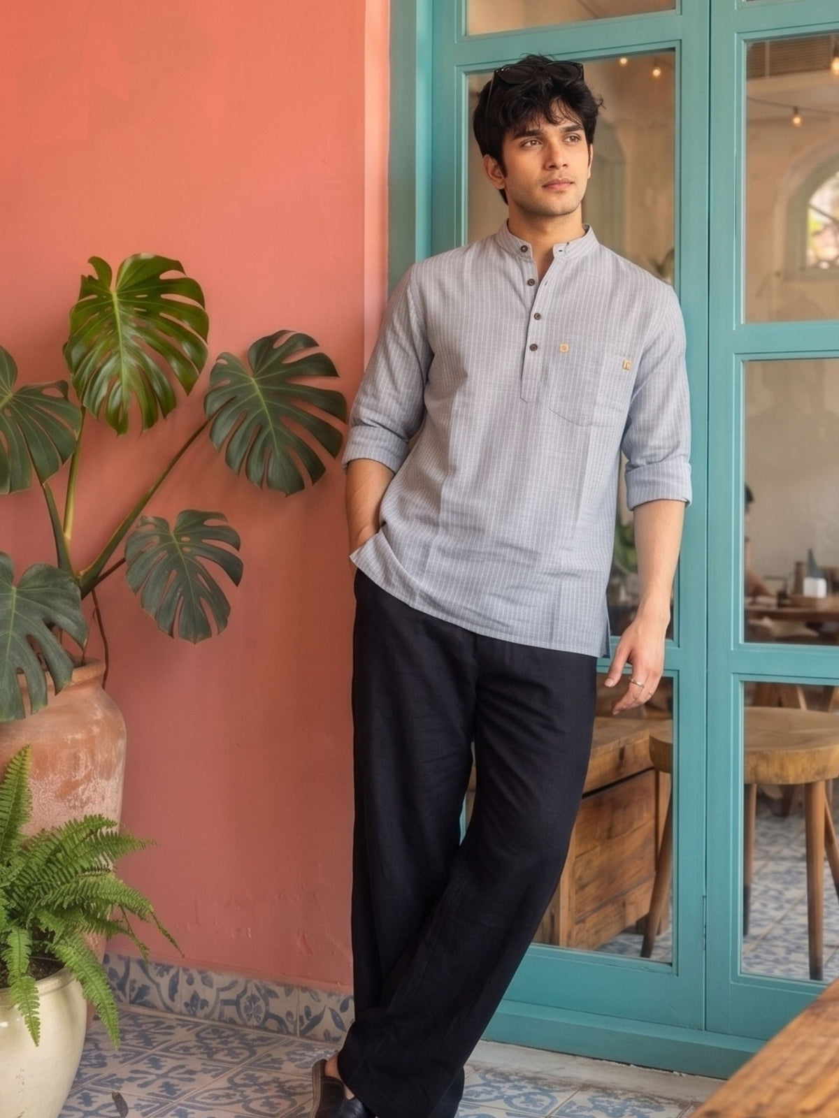 Mist Grey Stripe Short Kurta - Jaipuri Crown