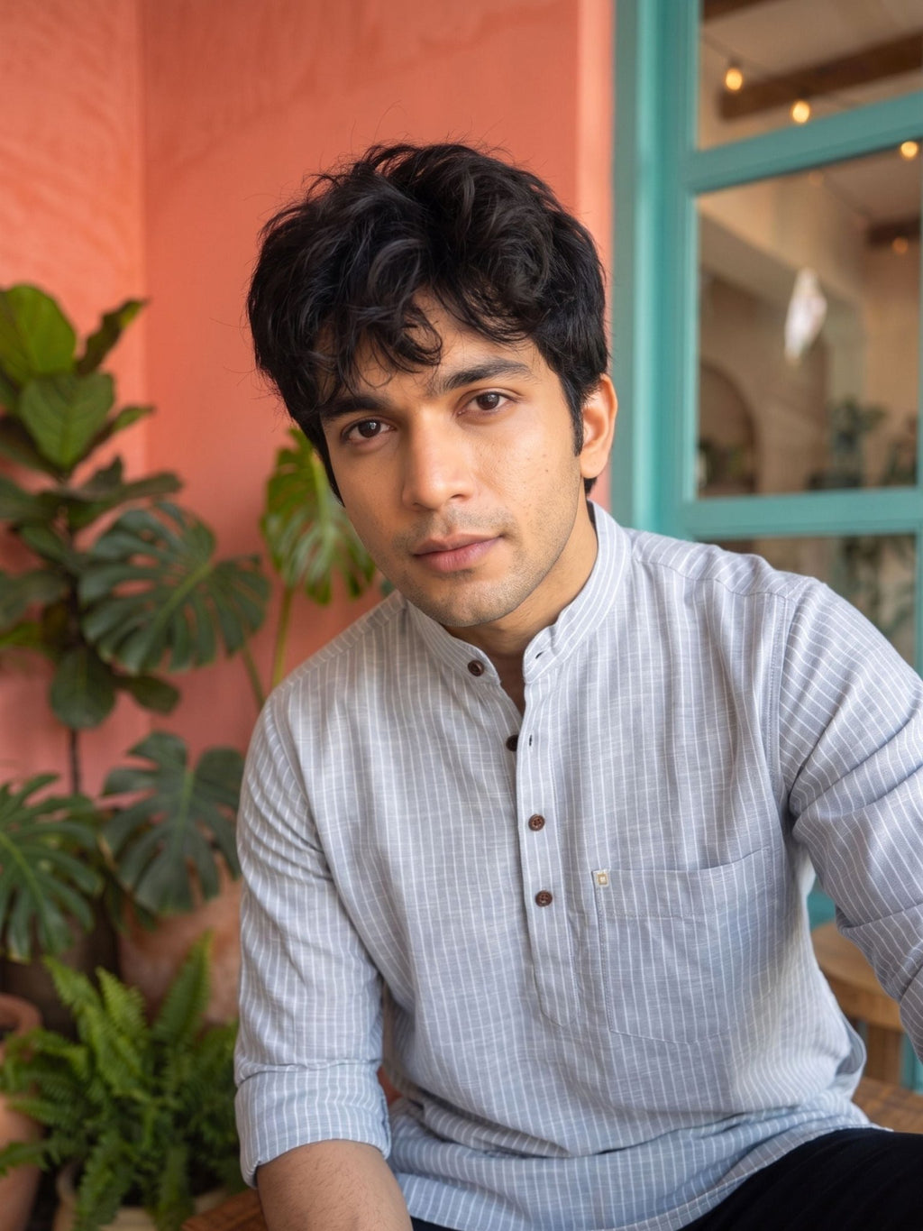 Mist Grey Stripe Short Kurta - Jaipuri Crown