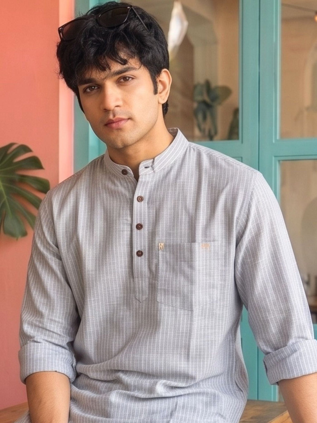 Mist Grey Stripe Short Kurta - Jaipuri Crown