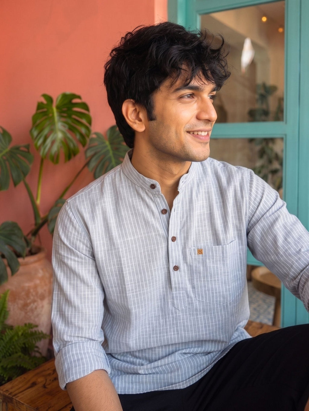 Mist Grey Stripe Short Kurta - Jaipuri Crown
