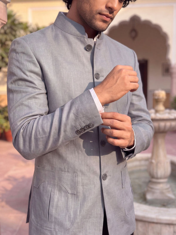 Modern Grey Cotton Linen Jodhpuri Bandhgala - Jaipuri Crown