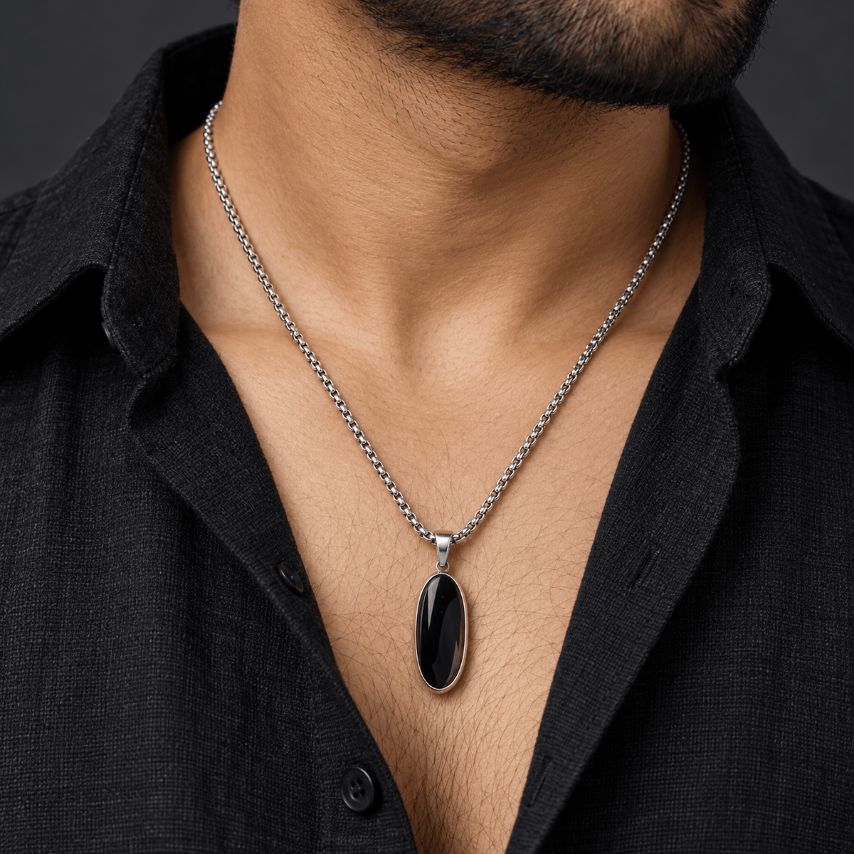 Modern Men's Jewellery: Silver Chain with Black Pendant - Jaipuri Crown