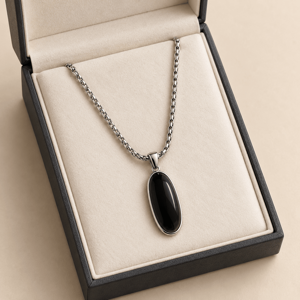 Modern Men's Jewellery: Silver Chain with Black Pendant - Jaipuri Crown