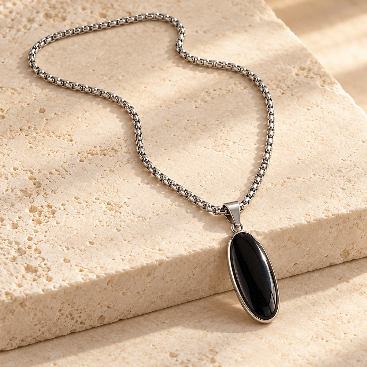 Modern Men's Jewellery: Silver Chain with Black Pendant - Jaipuri Crown