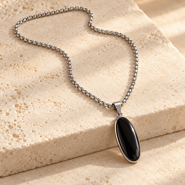 Modern Men's Jewellery: Silver Chain with Black Pendant - Jaipuri Crown