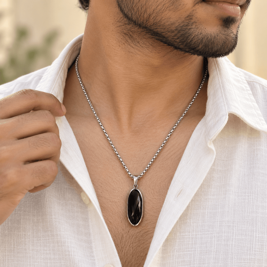 Modern Men's Jewellery: Silver Chain with Black Pendant - Jaipuri Crown
