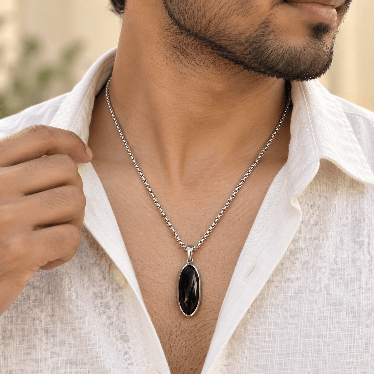 Modern Men's Jewellery: Silver Chain with Black Pendant - Jaipuri Crown