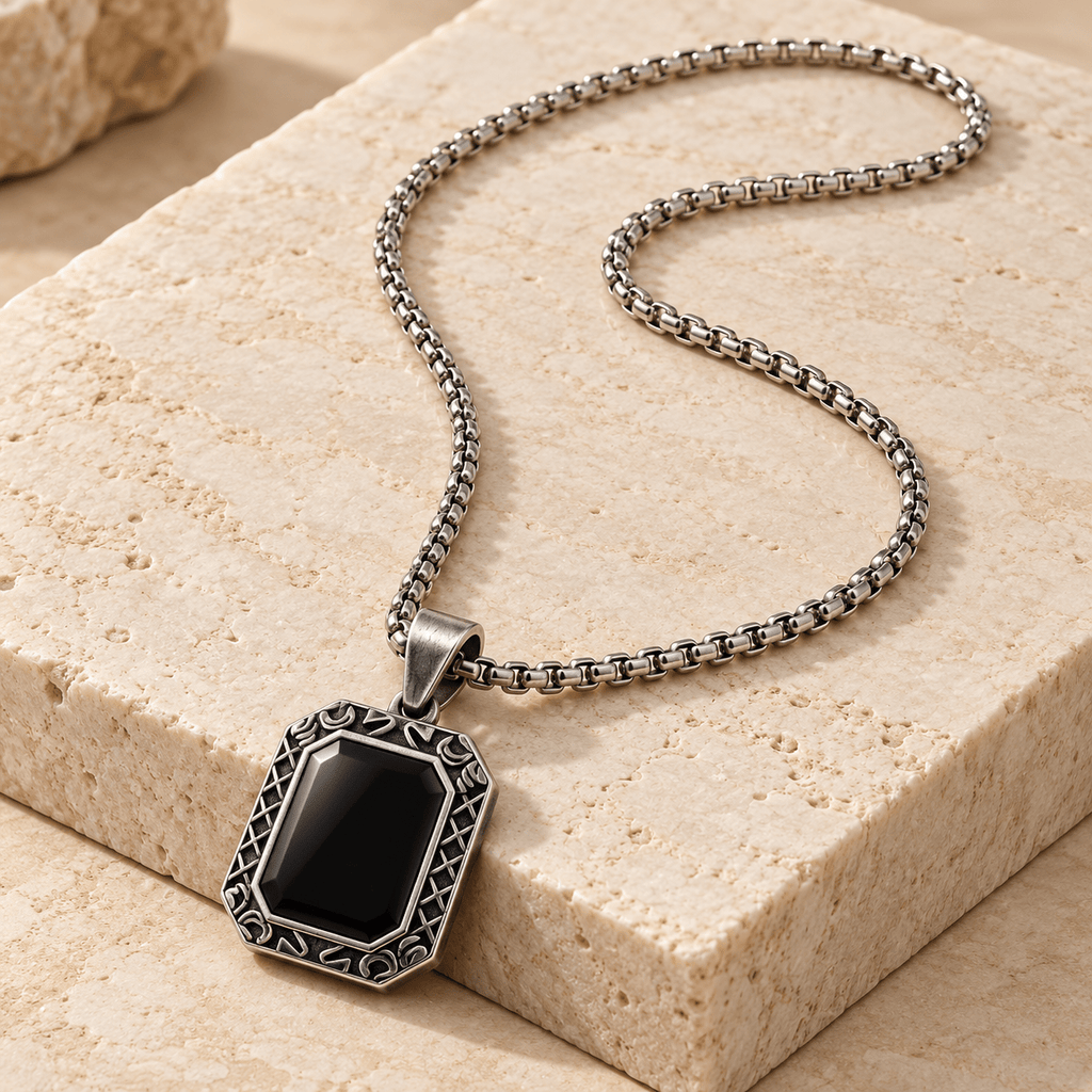 Modern Silver Chain with Black Pendant - Men's Jewellery - Jaipuri Crown