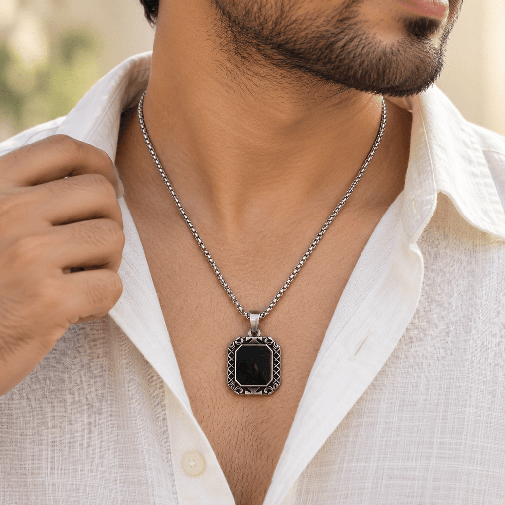 Modern Silver Chain with Black Pendant - Men's Jewellery - Jaipuri Crown