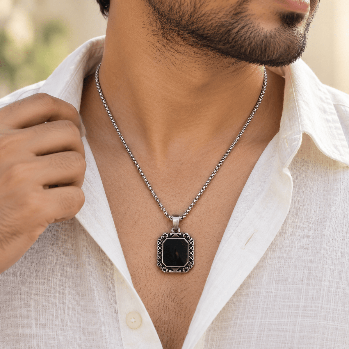 Modern Silver Chain with Black Pendant - Men's Jewellery - Jaipuri Crown