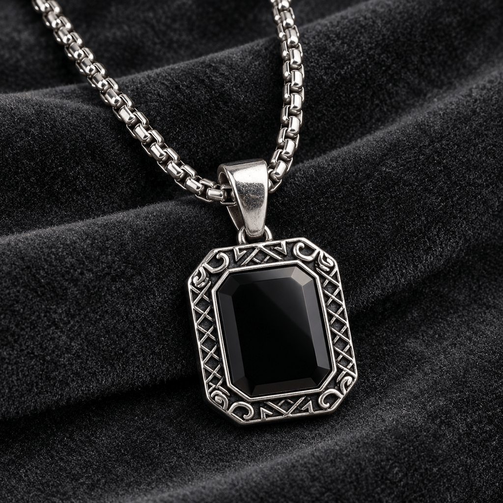Modern Silver Chain with Black Pendant - Men's Jewellery - Jaipuri Crown