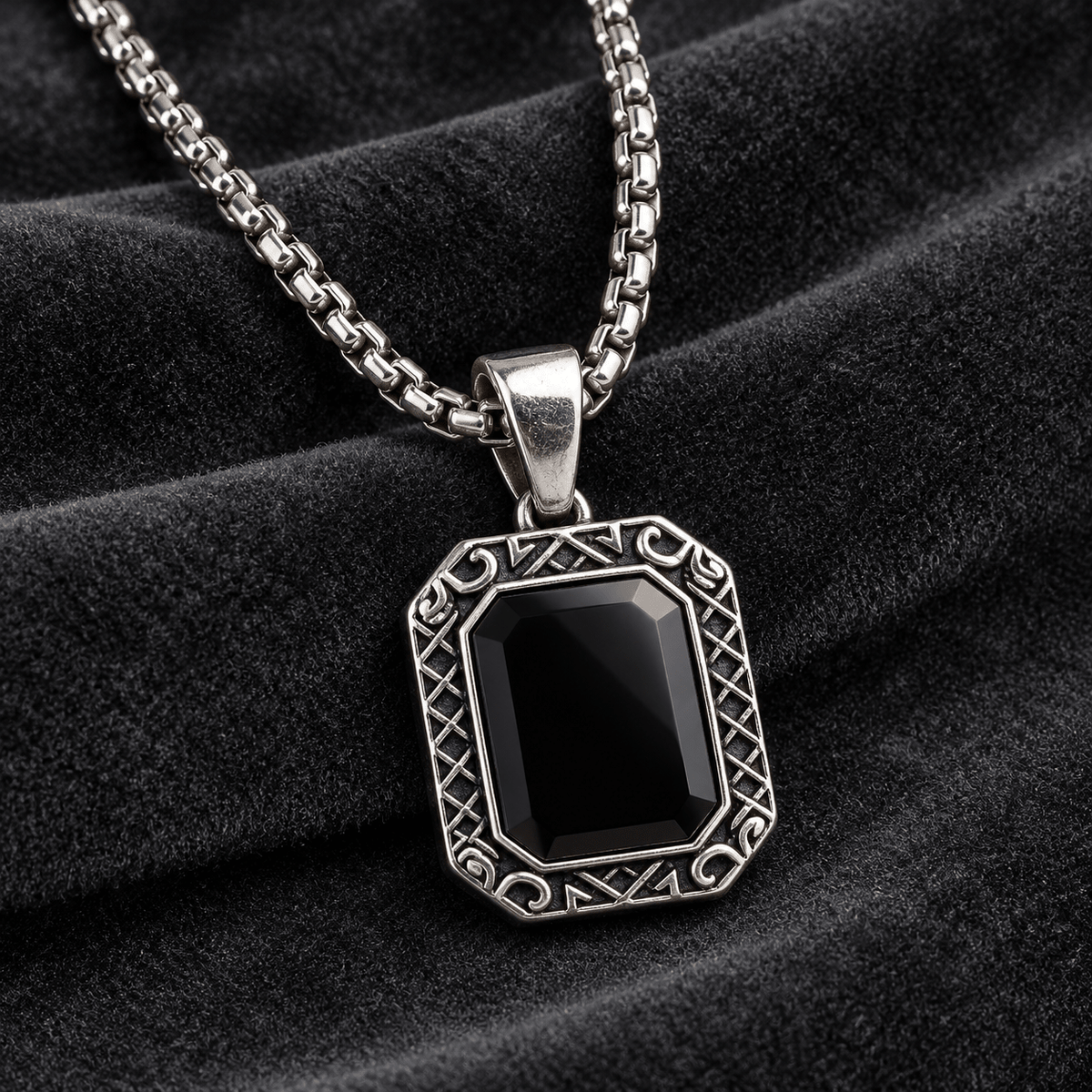 Modern Silver Chain with Black Pendant - Men's Jewellery - Jaipuri Crown