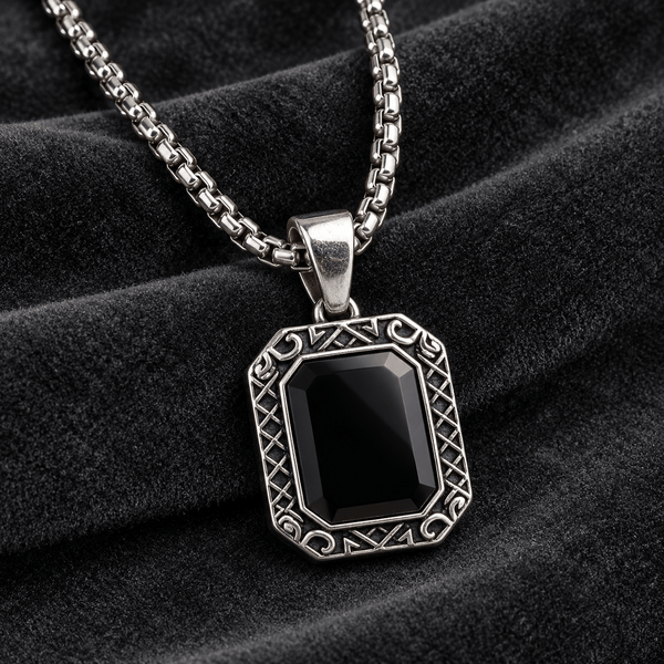 Modern Silver Chain with Black Pendant - Men's Jewellery - Jaipuri Crown