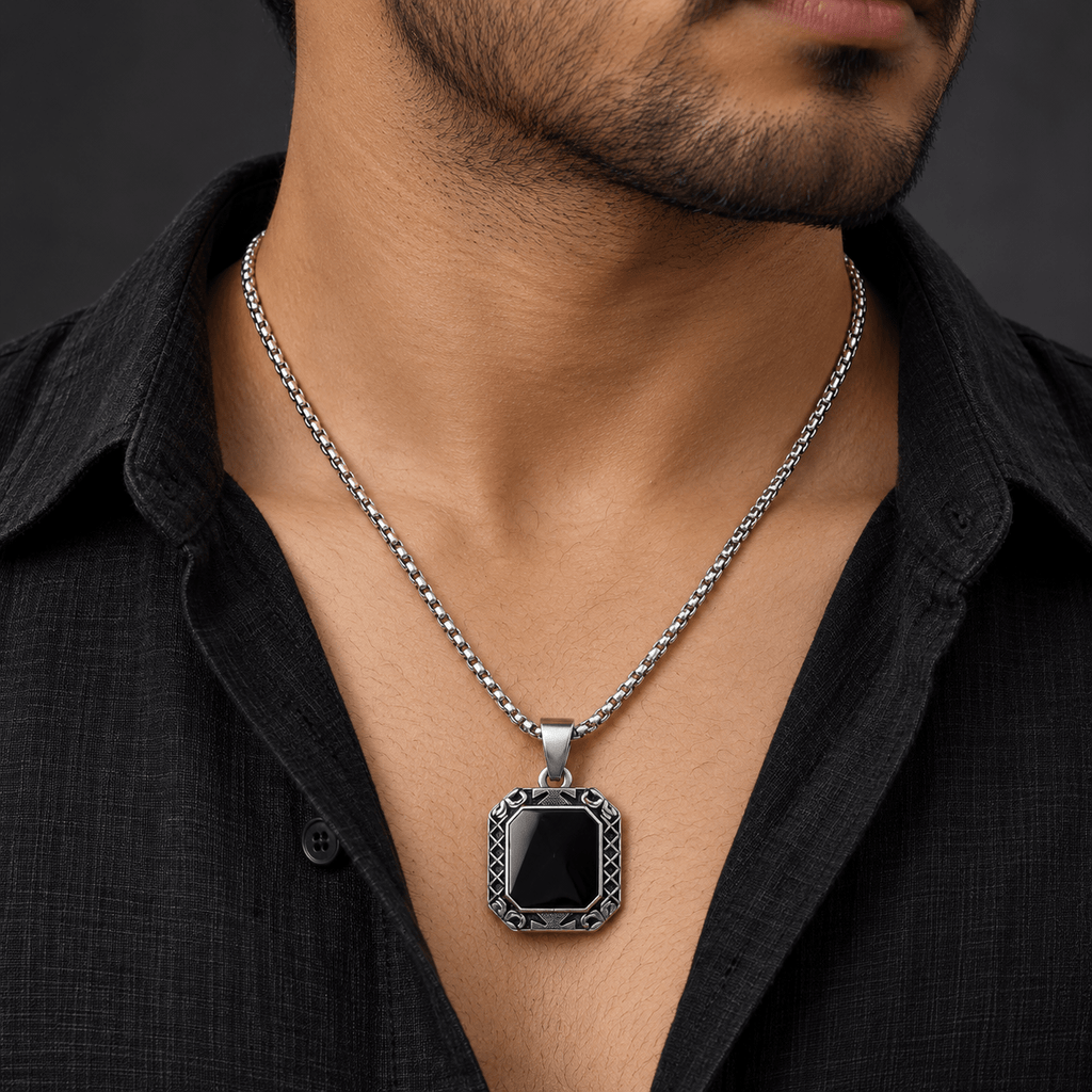 Modern Silver Chain with Black Pendant - Men's Jewellery - Jaipuri Crown