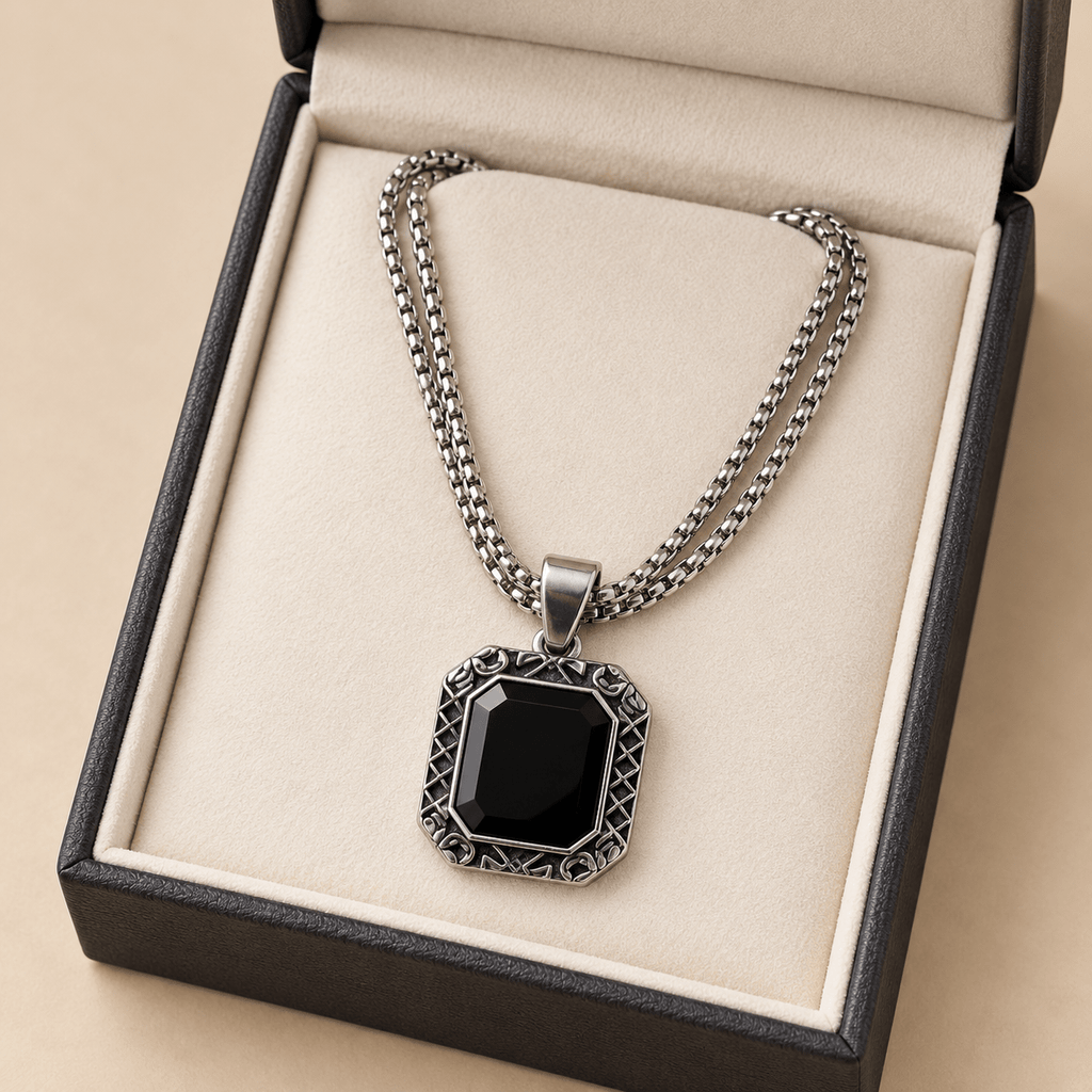 Modern Silver Chain with Black Pendant - Men's Jewellery - Jaipuri Crown