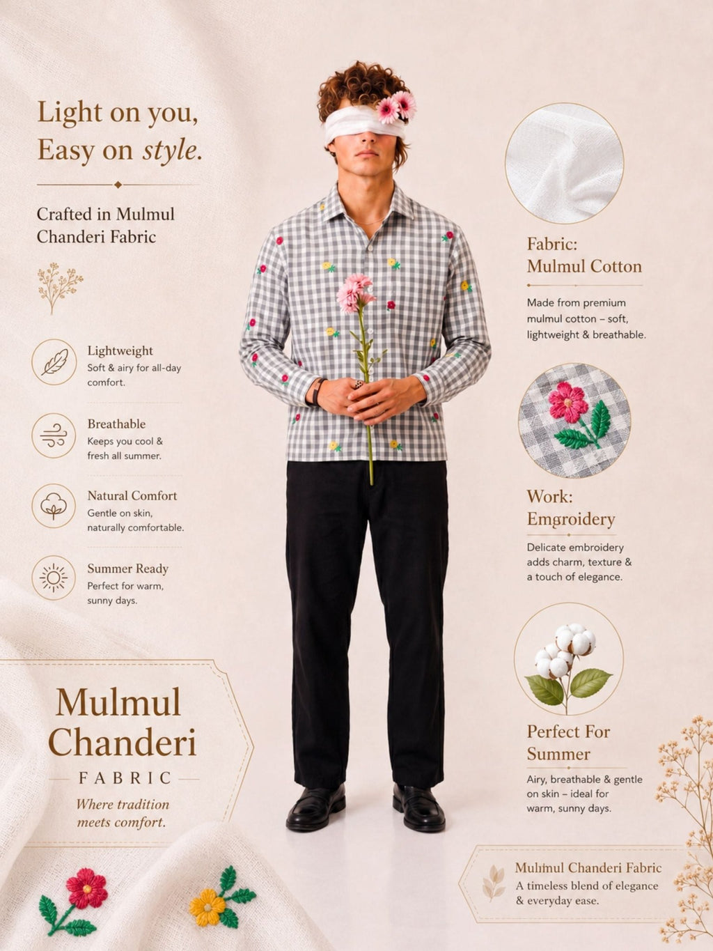 "Moh" — Ash Grey Rose Embroidered Check Cotton Shirt | Jaipuri Crown - Jaipuri Crown
