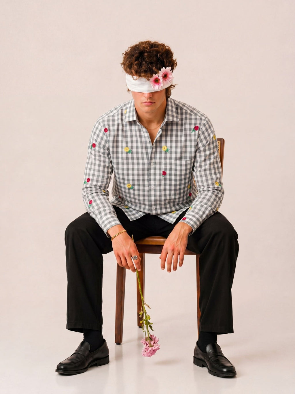 "Moh" — Ash Grey Rose Embroidered Check Cotton Shirt | Jaipuri Crown - Jaipuri Crown