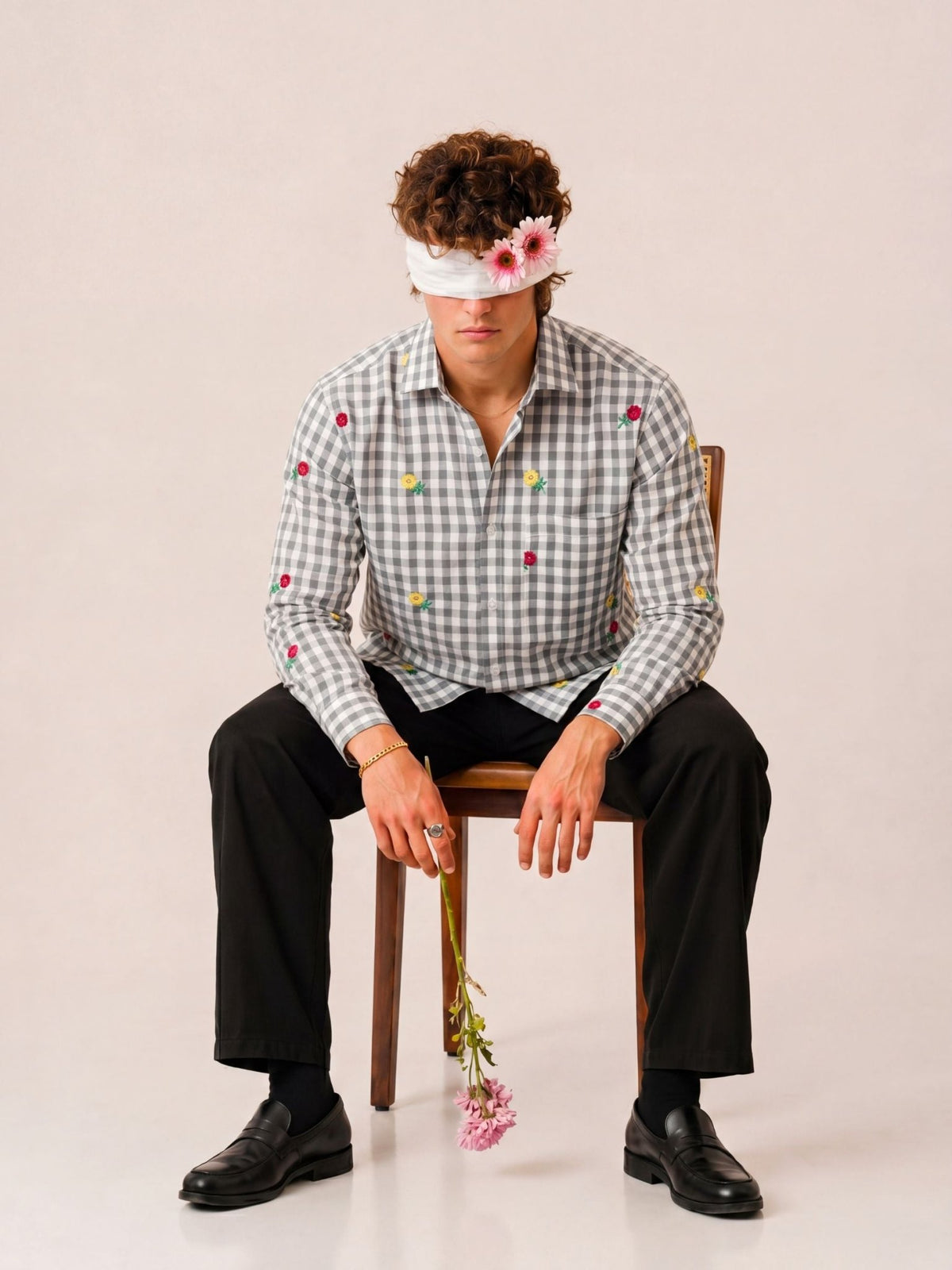 "Moh" — Ash Grey Rose Embroidered Check Cotton Shirt | Jaipuri Crown - Jaipuri Crown