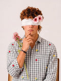 "Moh" — Ash Grey Rose Embroidered Check Cotton Shirt | Jaipuri Crown - Jaipuri Crown
