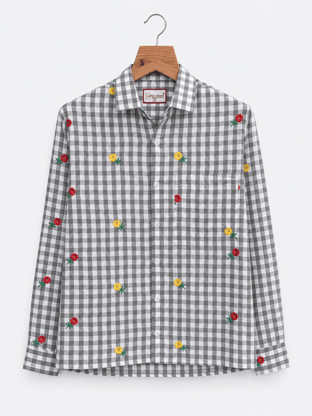 "Moh" — Ash Grey Rose Embroidered Check Cotton Shirt | Jaipuri Crown - Jaipuri Crown