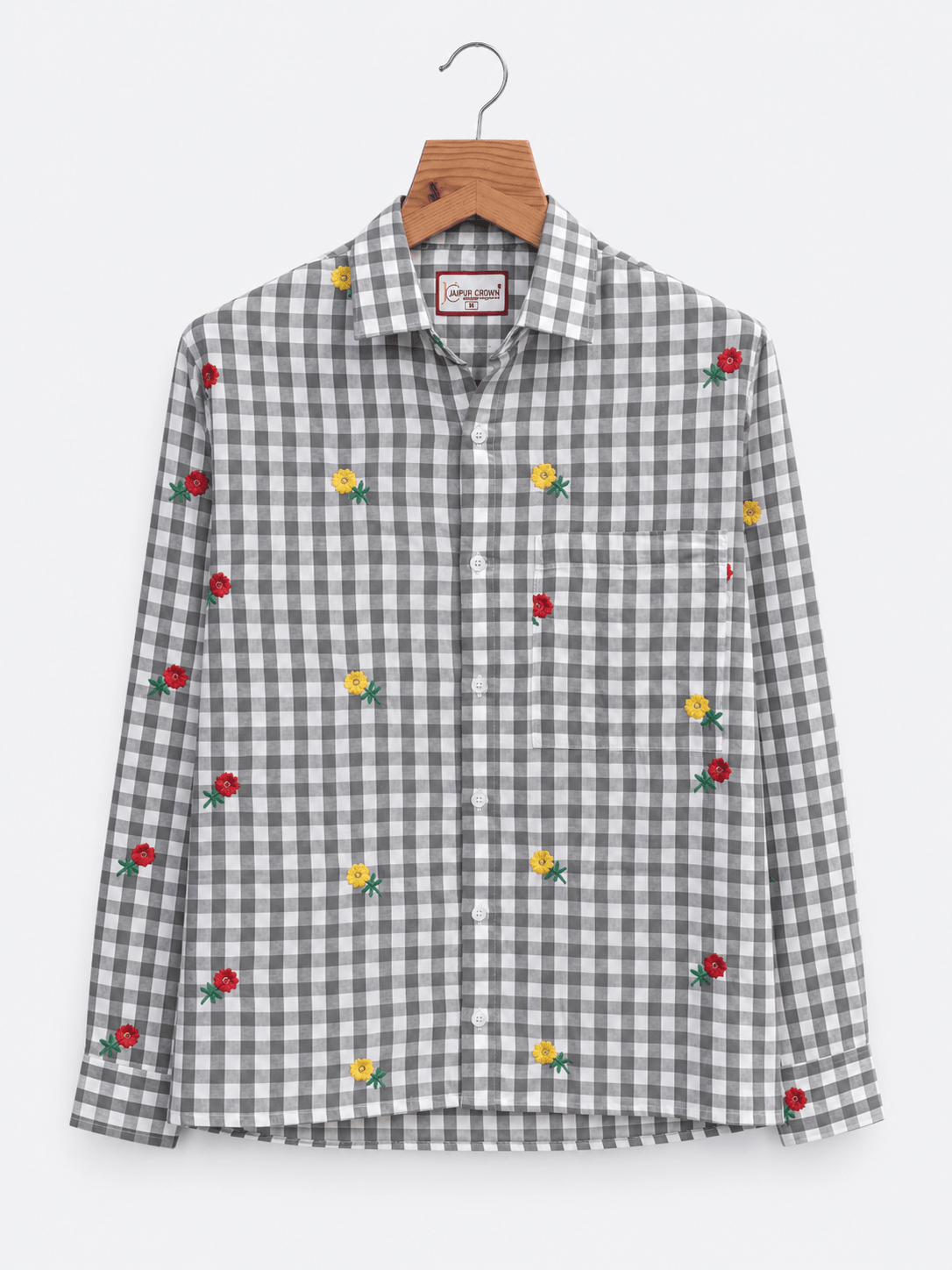"Moh" — Ash Grey Rose Embroidered Check Cotton Shirt | Jaipuri Crown - Jaipuri Crown