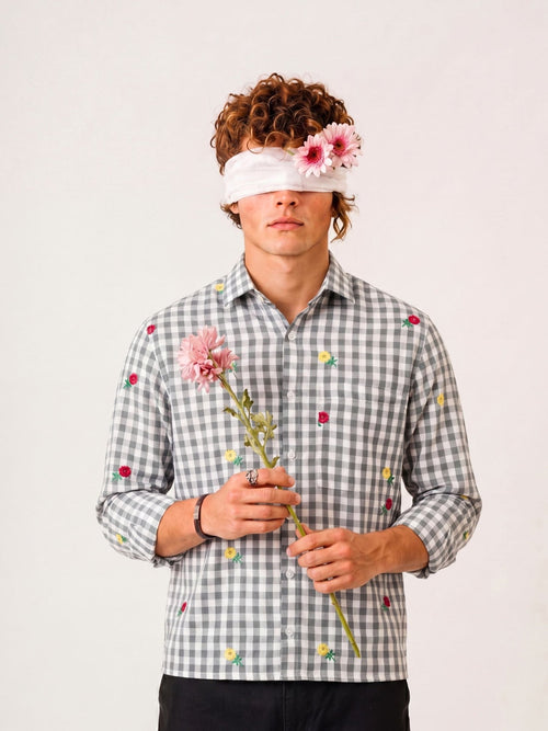 "Moh" — Ash Grey Rose Embroidered Check Cotton Shirt | Jaipuri Crown - Jaipuri Crown