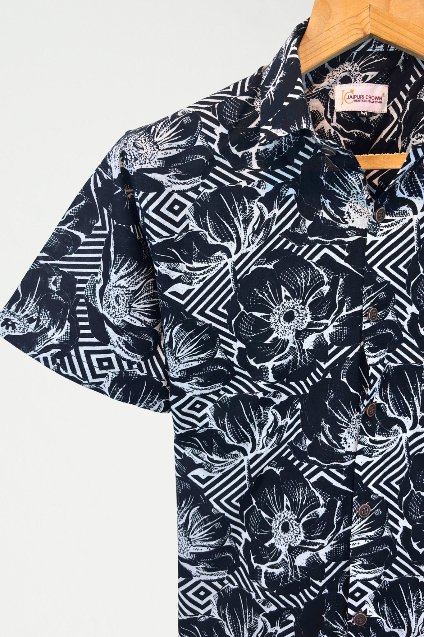 Monochrome Bloom – Half Sleeve Cotton Shirt - Jaipuri Crown