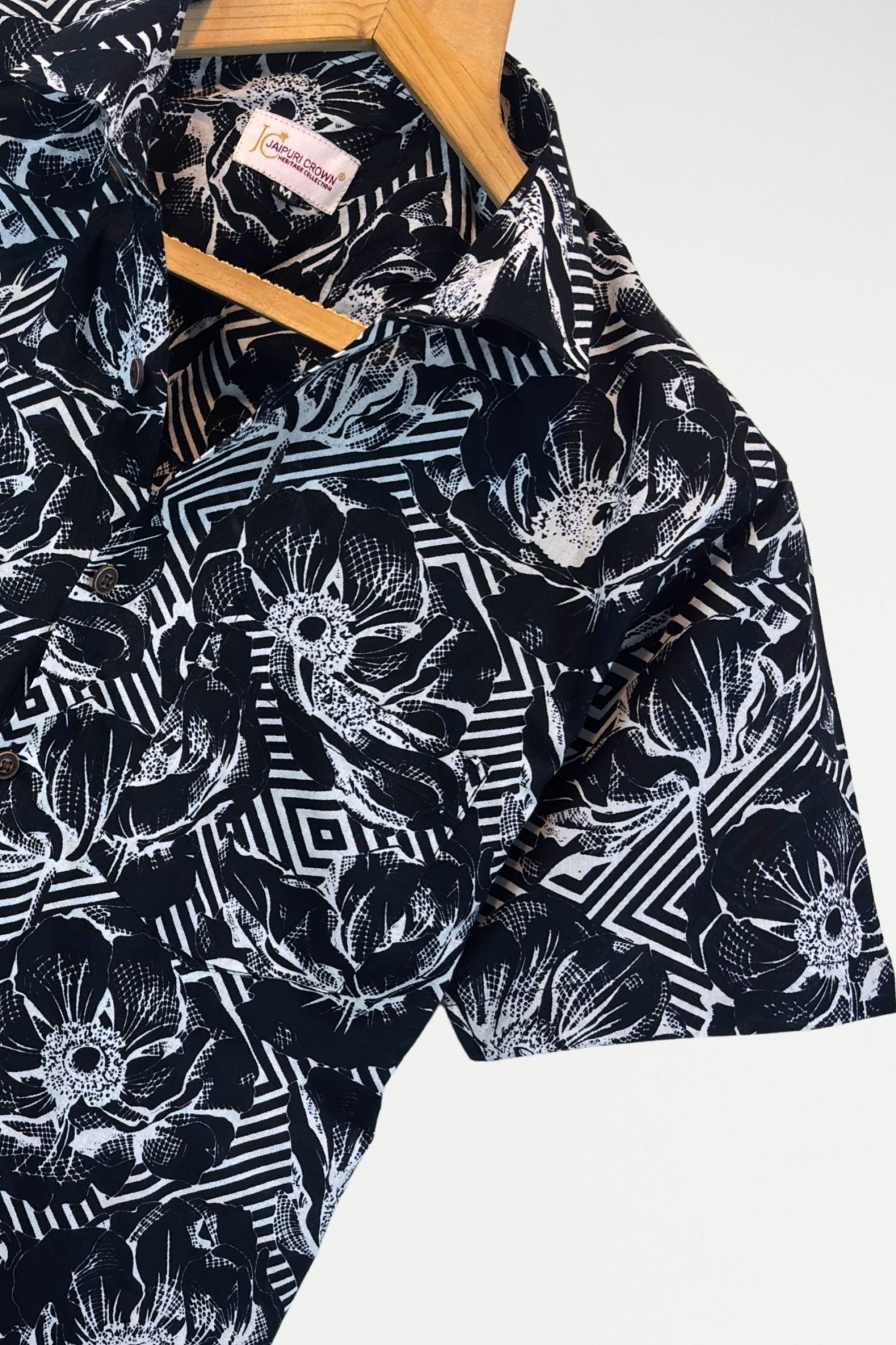 Monochrome Bloom – Half Sleeve Cotton Shirt - Jaipuri Crown