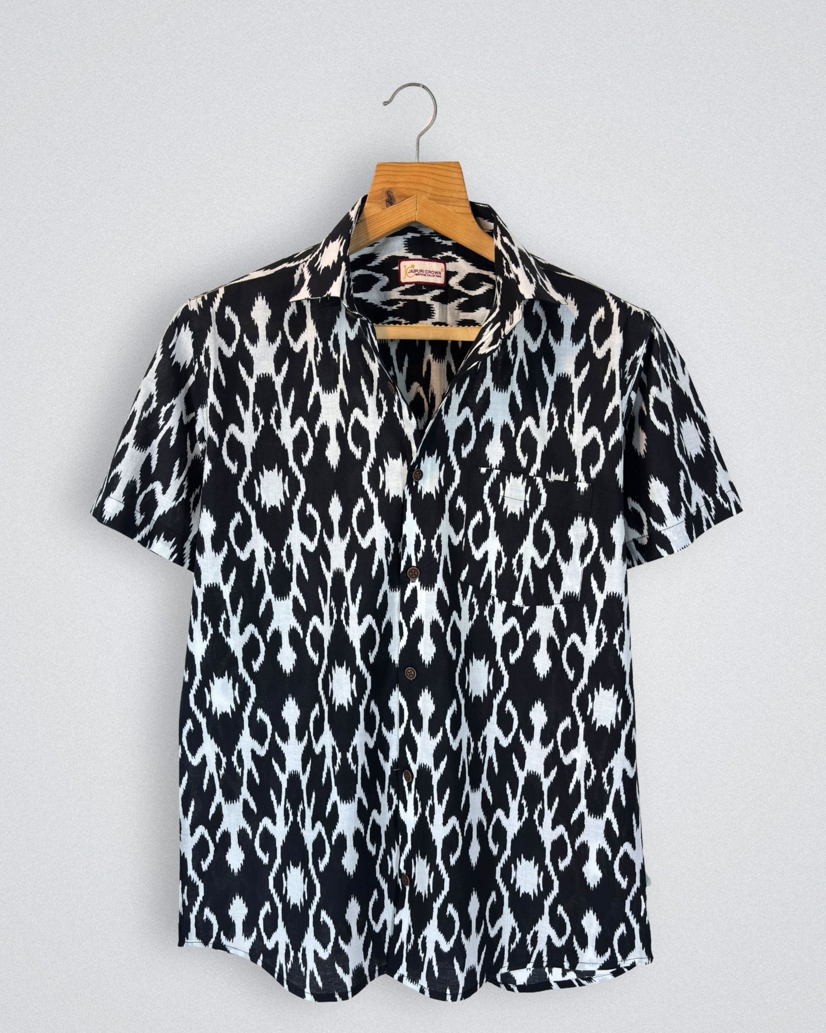 Monochrome Ikat – Printed Cotton Shirt - Jaipuri Crown
