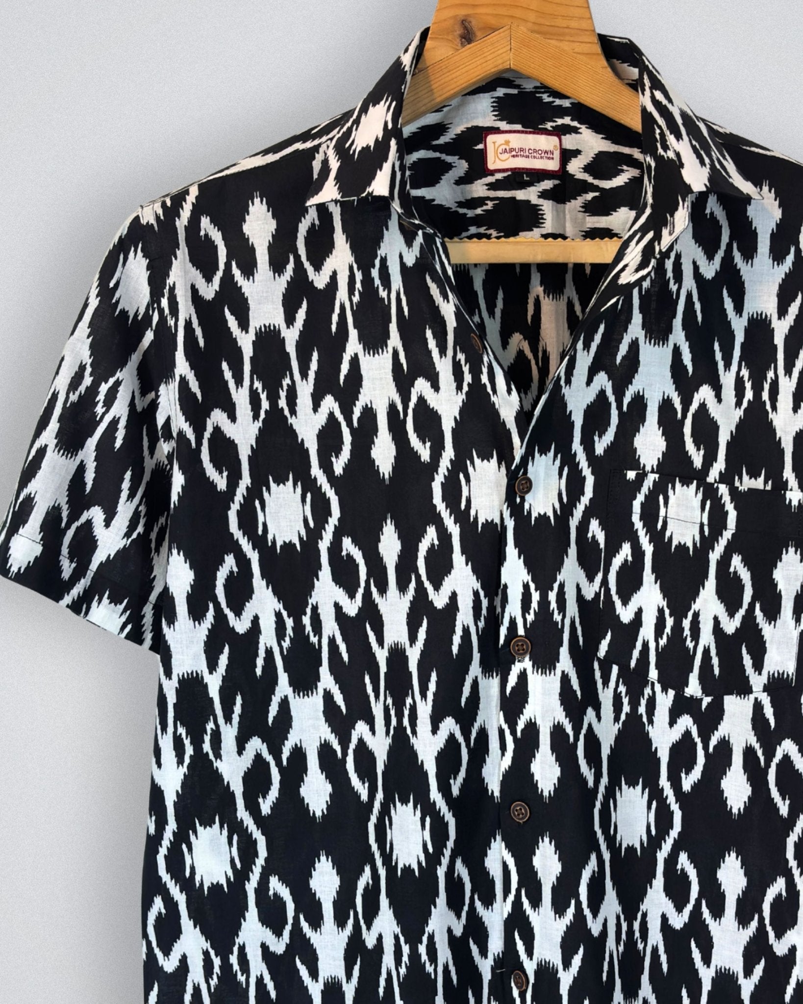 Monochrome Ikat – Printed Cotton Shirt - Jaipuri Crown