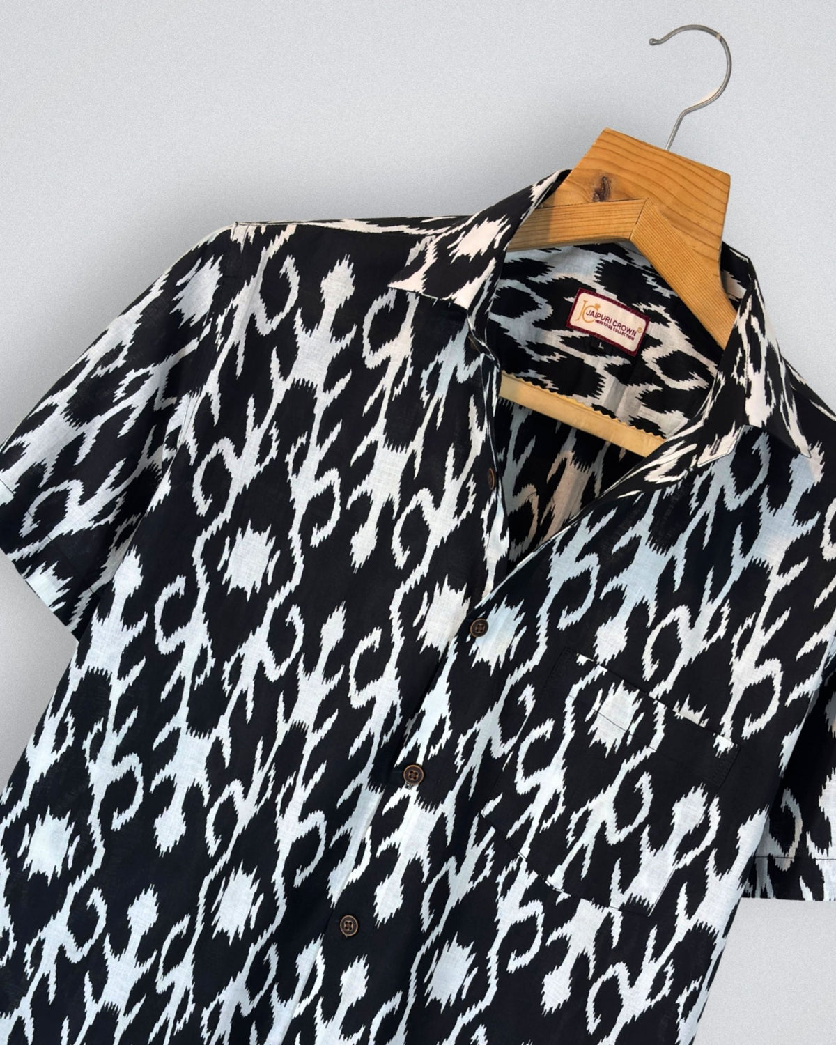 Monochrome Ikat – Printed Cotton Shirt - Jaipuri Crown