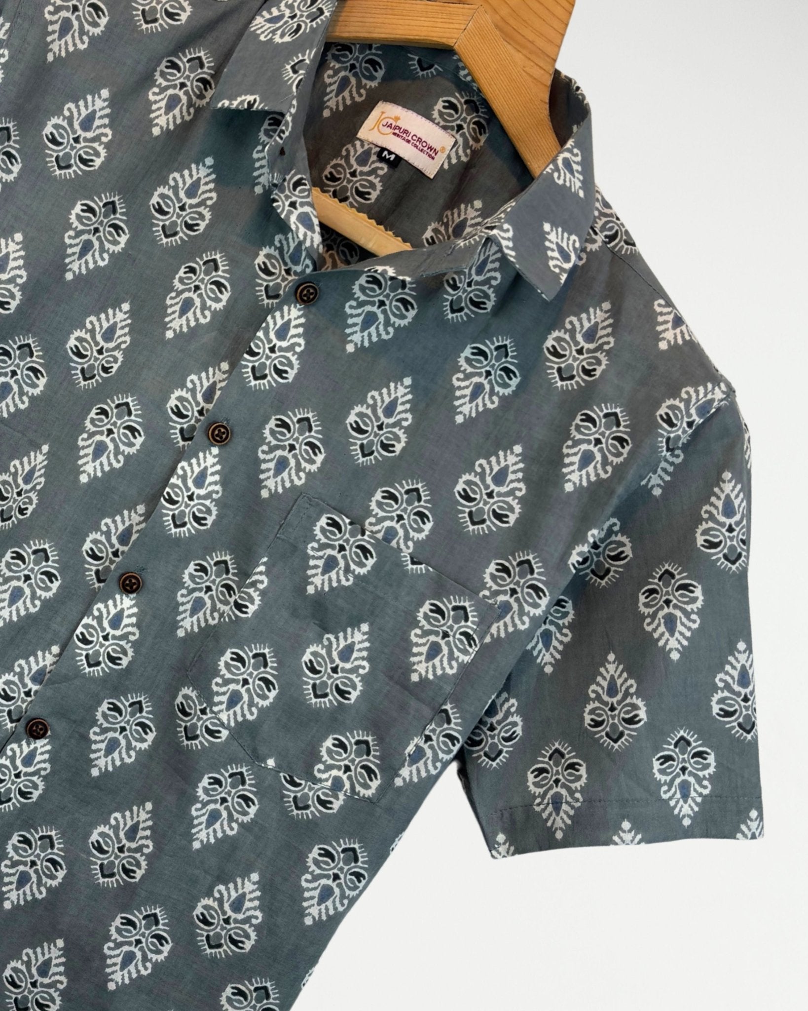 Mud Grey Motif – Half Sleeve Cotton Shirt - Jaipuri Crown