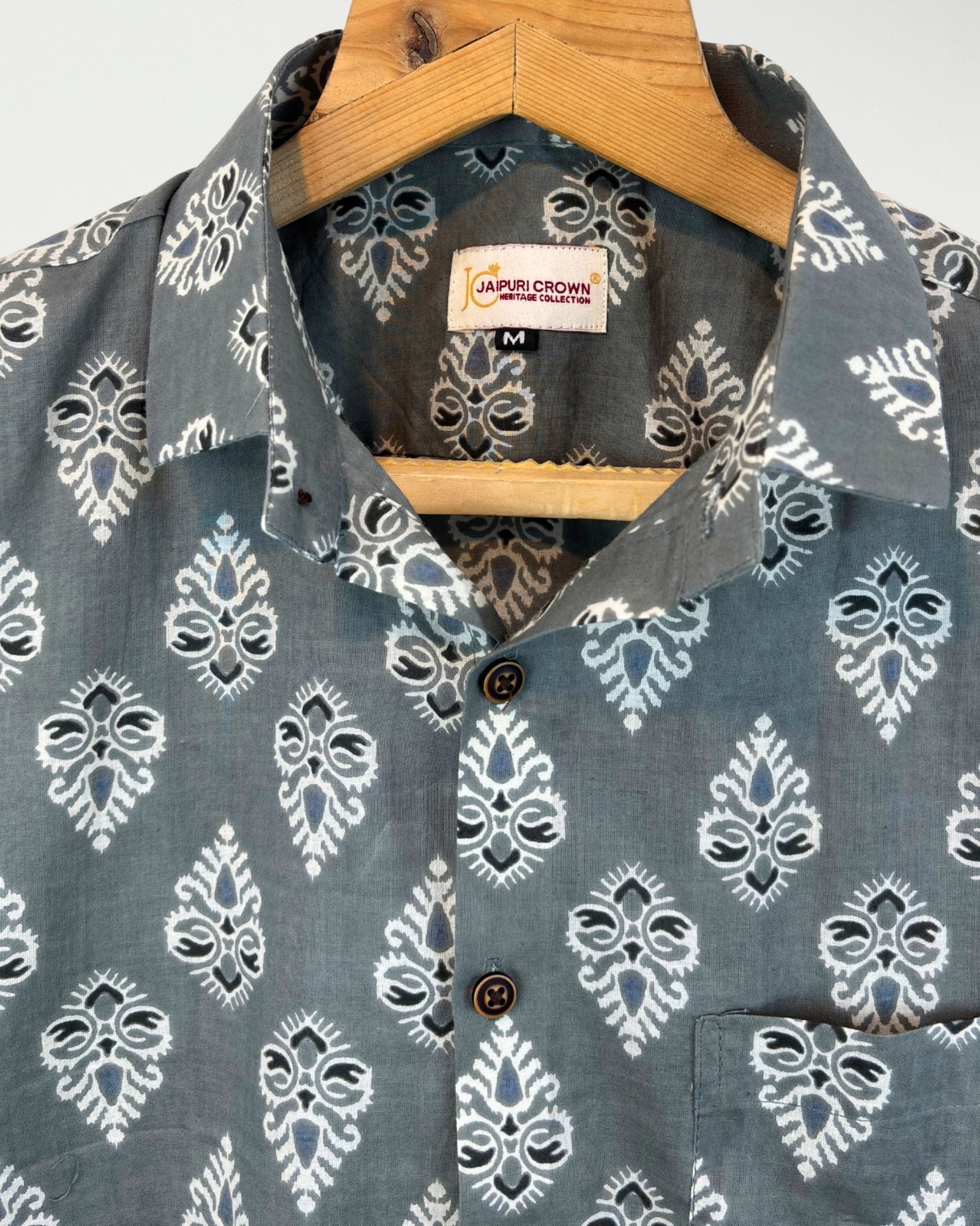 Mud Grey Motif – Half Sleeve Cotton Shirt - Jaipuri Crown