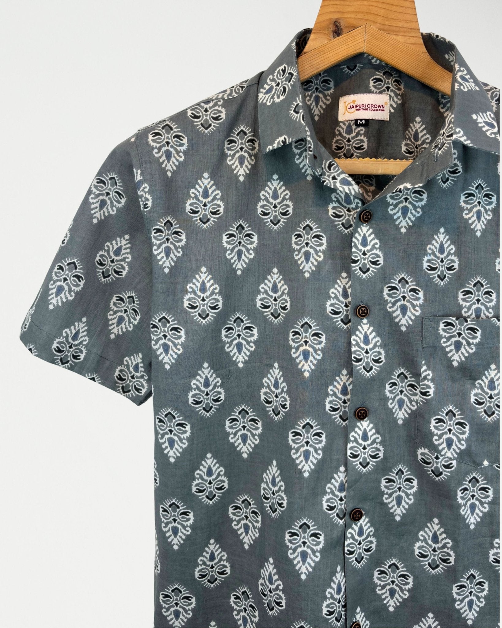 Mud Grey Motif – Half Sleeve Cotton Shirt - Jaipuri Crown