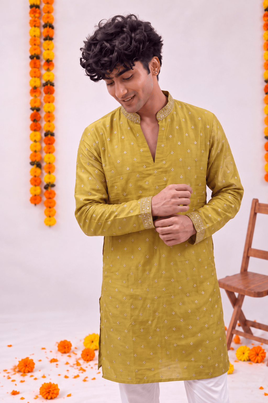 Mustard Green Zari Work – Textured Designer Long Kurta - Jaipuri Crown