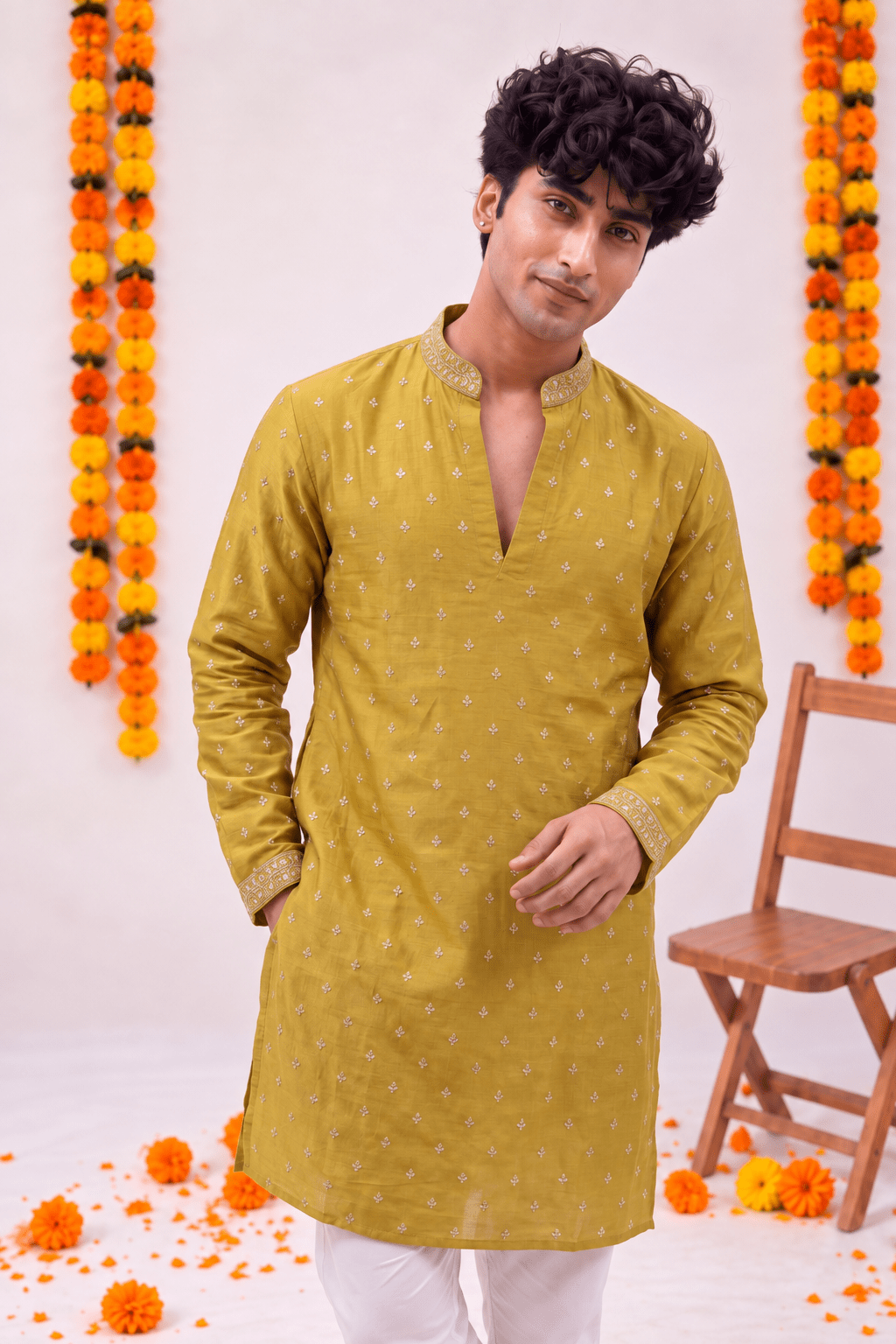 Mustard Green Zari Work – Textured Designer Long Kurta - Jaipuri Crown