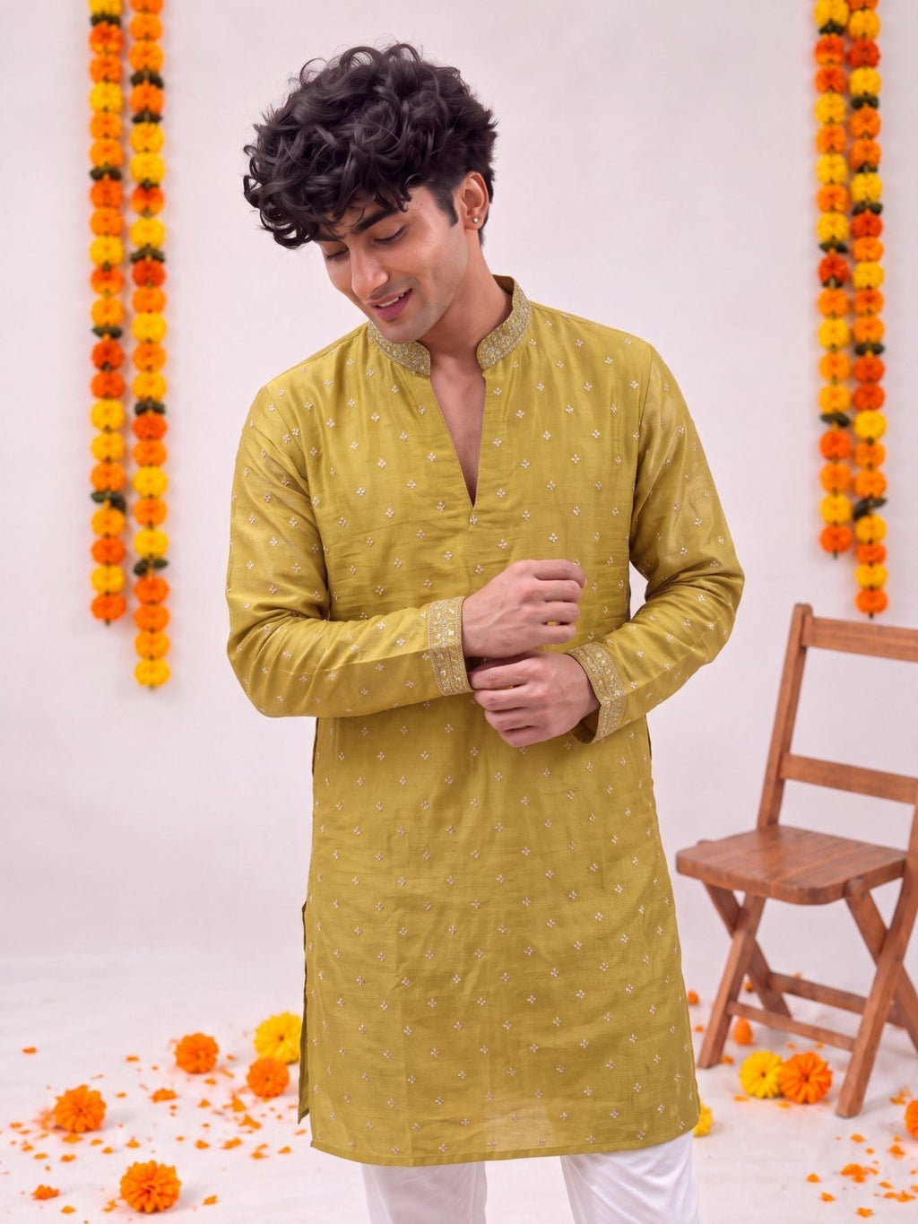 Mustard Green Zari Work – Textured Designer Long Kurta - Jaipuri Crown