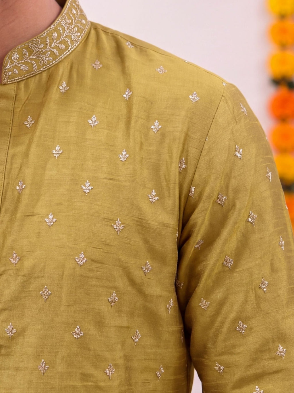 Mustard Green Zari Work – Textured Designer Long Kurta - Jaipuri Crown