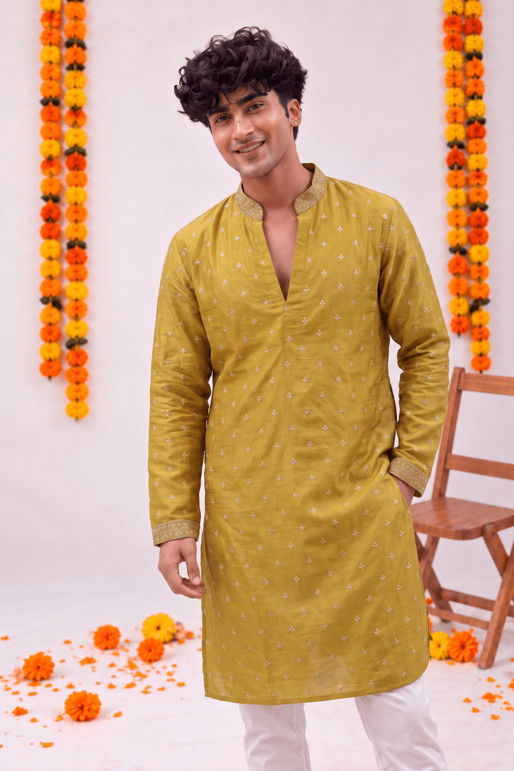 Mustard Green Zari Work – Textured Designer Long Kurta - Jaipuri Crown